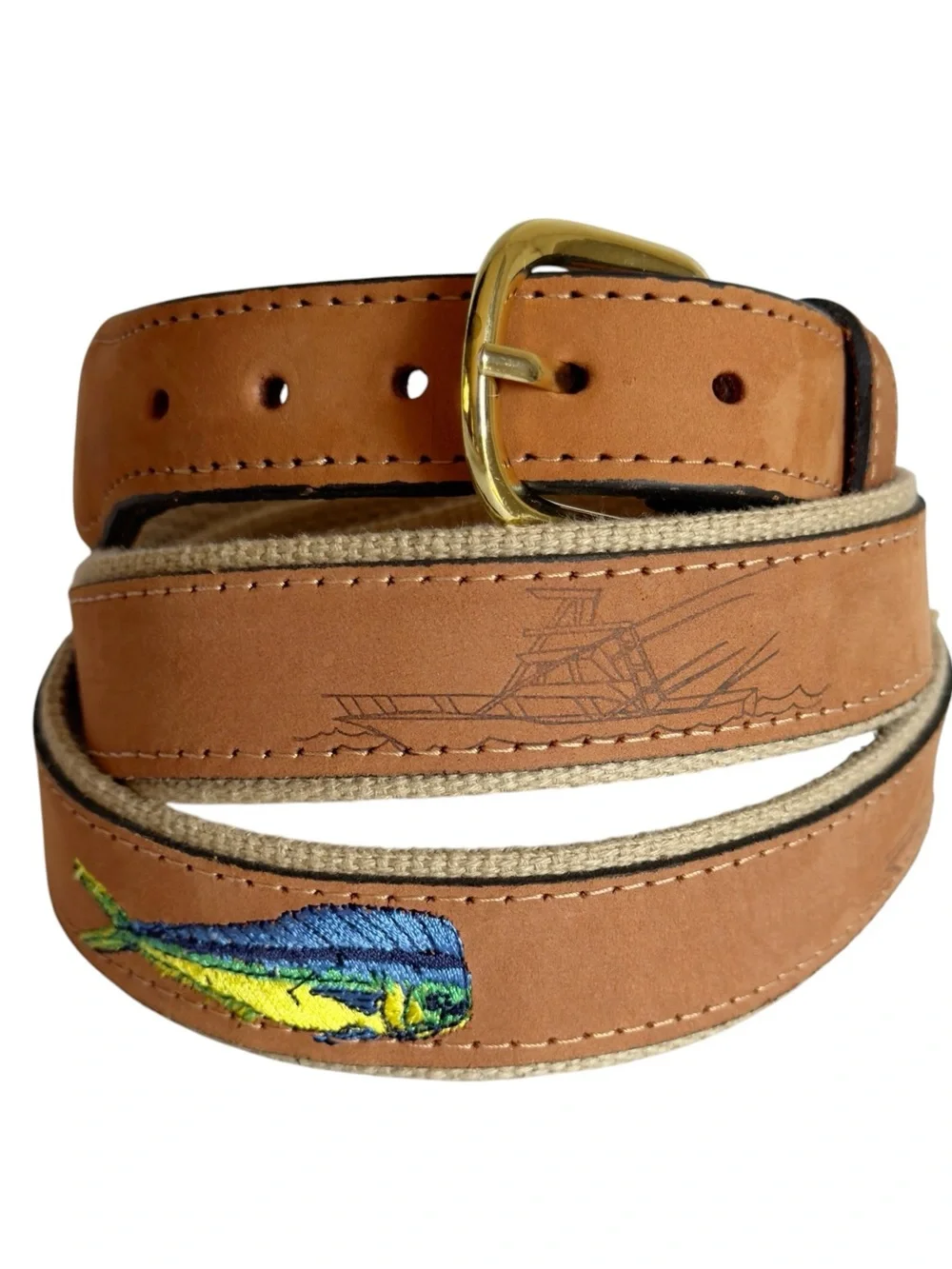 Zep-Pro Dolphin Mahi-Mahi Embroidered Nubuck Tan Leather Men’s 46 Belt USA